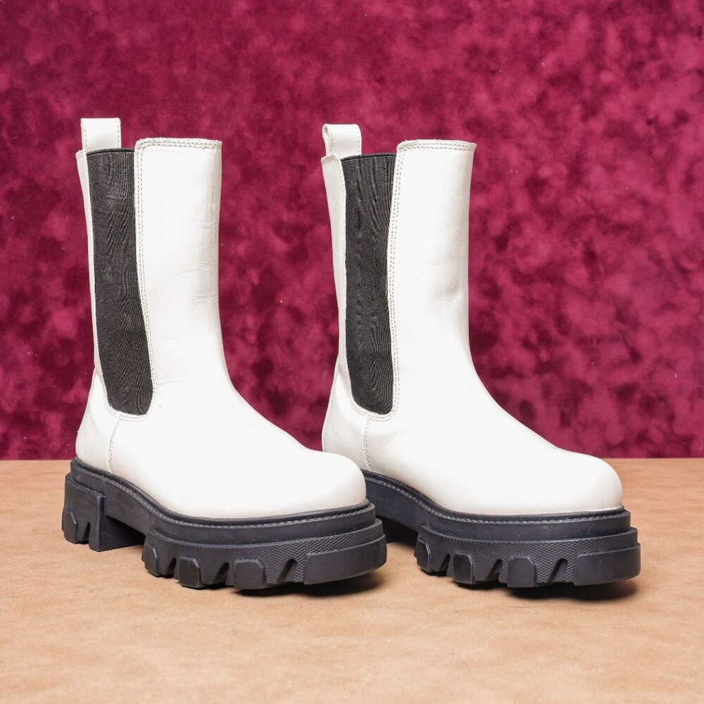 Steve Madden Women Echo White Leather Platform Festival Boots sz 5